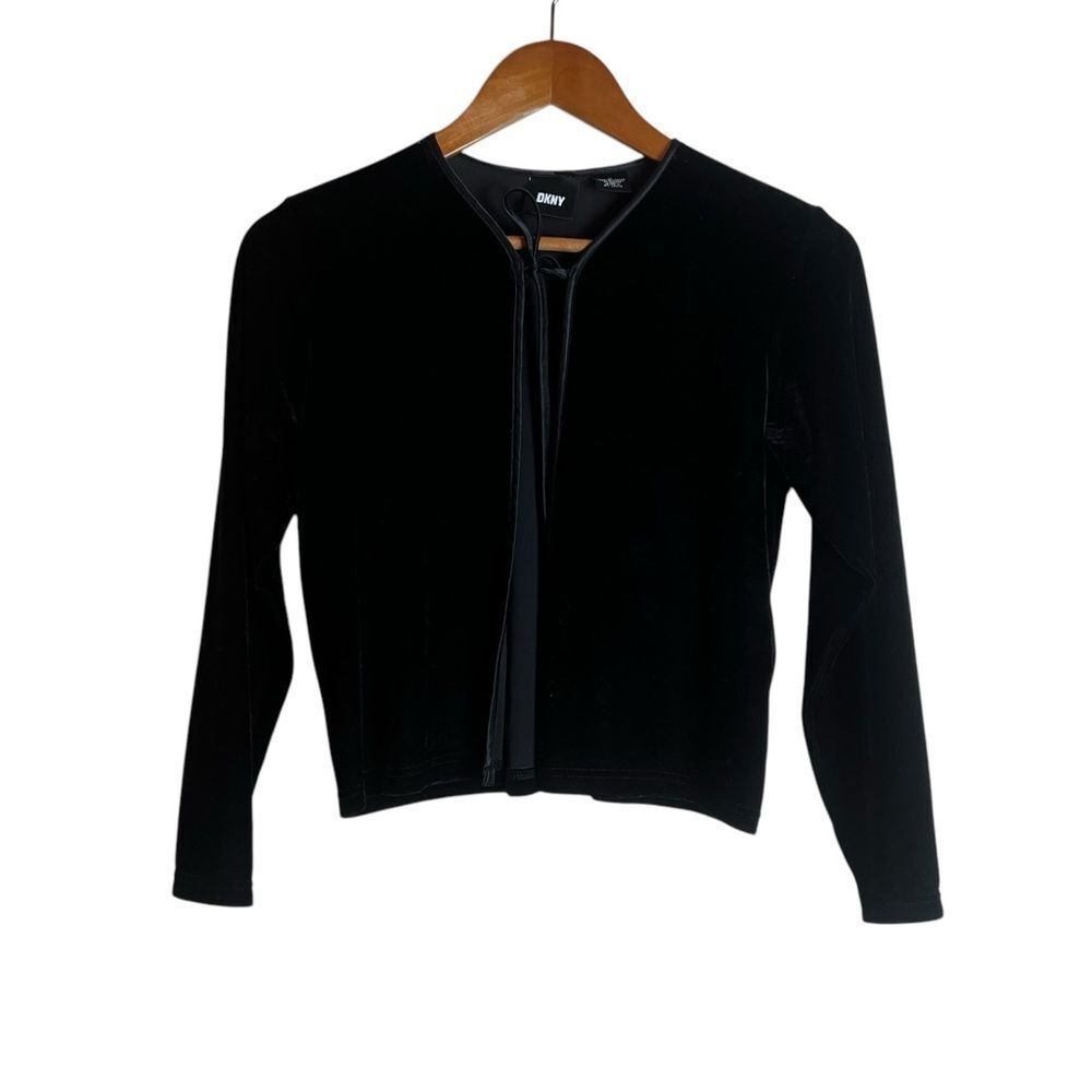 DKNY black velvet tie cardigan. Size medium